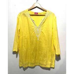 Pappagallo tunic top embroidery summer vacation resort bright yellow women 2X